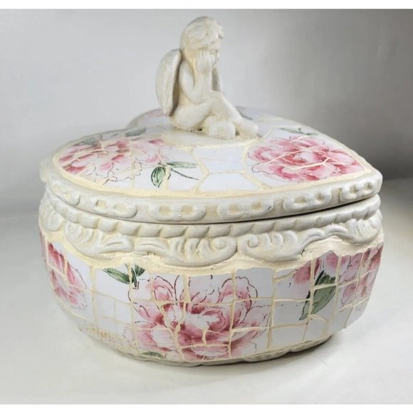 RARE Shabby Chic Vintage Rose Mosaic Angel Keepsake Heart Box - Picture 2 of 11